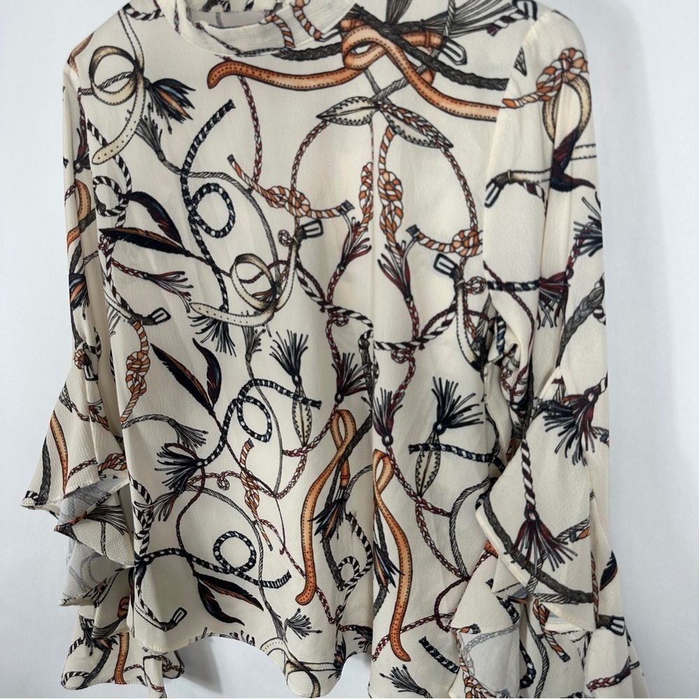 Women's Cream Ruffle Equestrian Rope Belt Blouse Top | Size Small - Picture 4 of 13